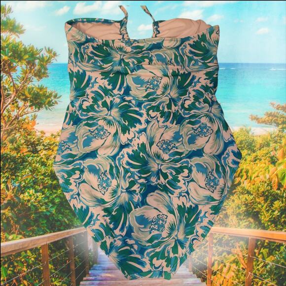 Time & Tru Green & Blue Floral Halter One-Piece Swimsuit - Picture 2 of 4